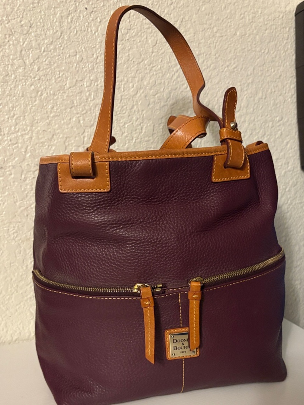Dooney & Bourke Plum Leather Shoulder Bag with Tan Trim with the dust bag